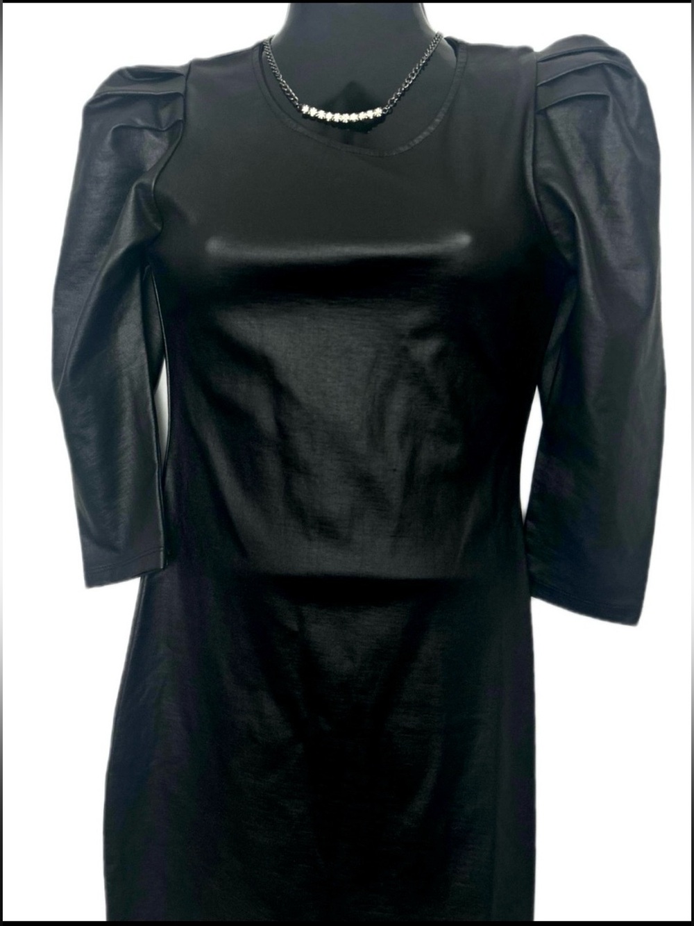Black Faux Leather Puff-Sleeve Shift Dress